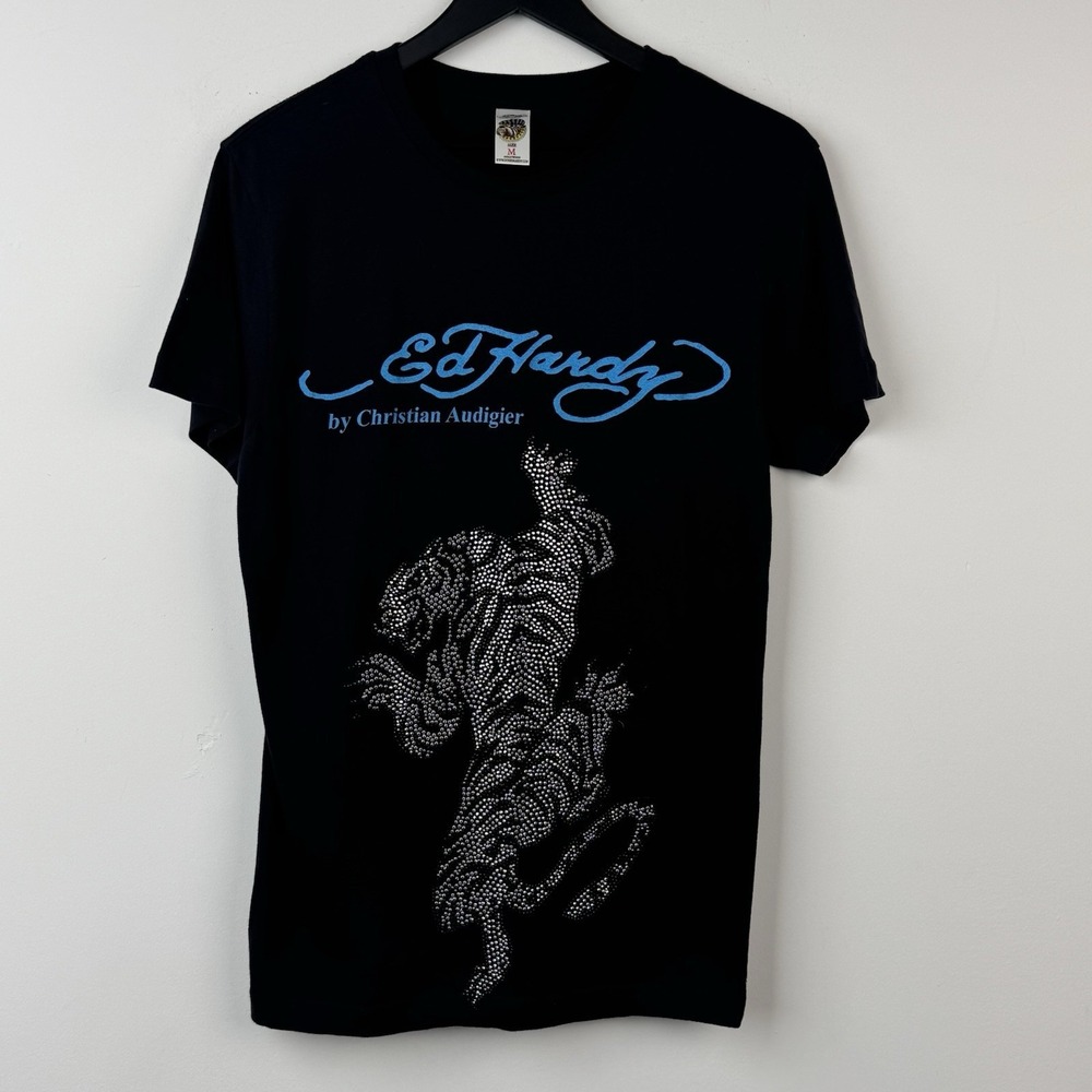 VTG Ed Hardy Shirt Womens M Black Tiger Rhinestone Tattoo Y2K Christian Audigier